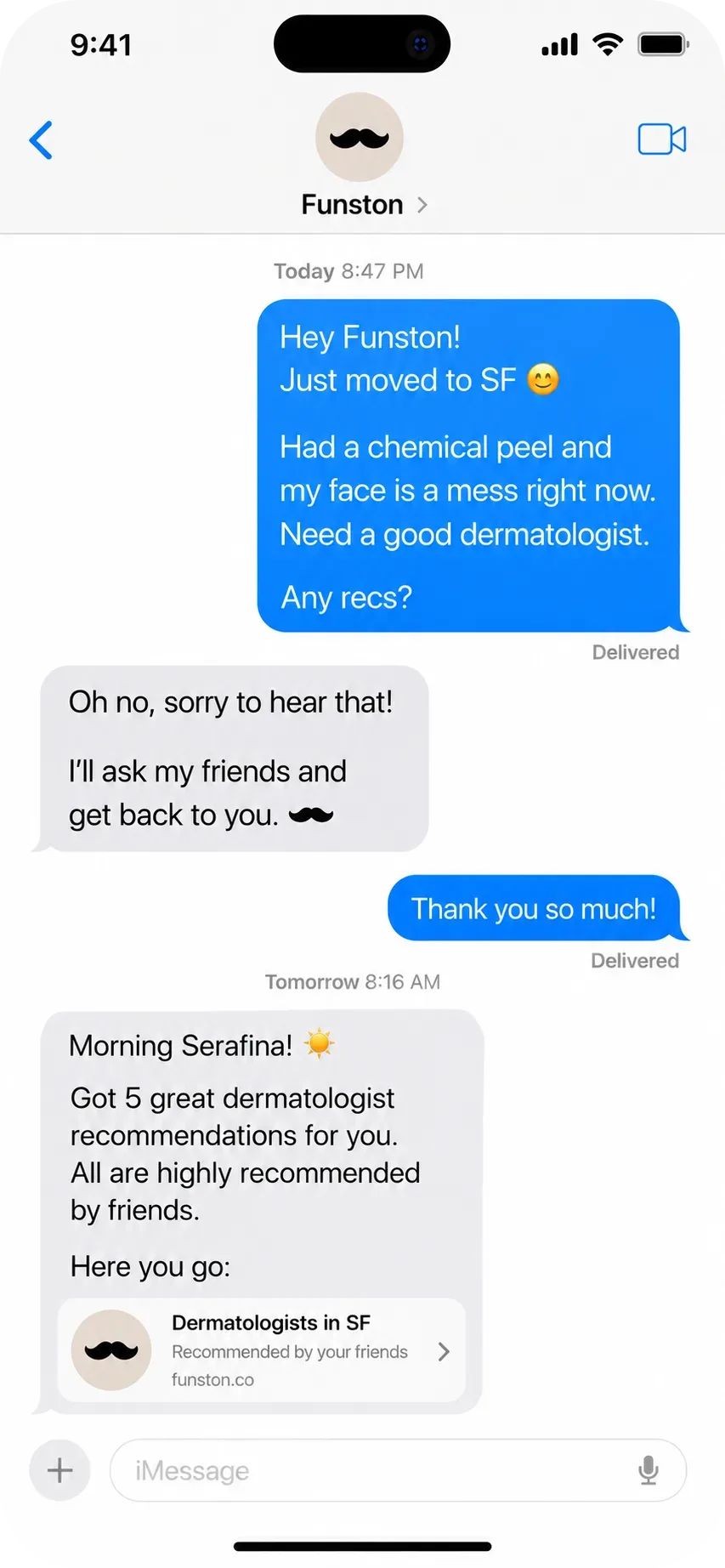 A text thread where Funston asks friends for dermatologist recommendations and comes back the next morning with five.