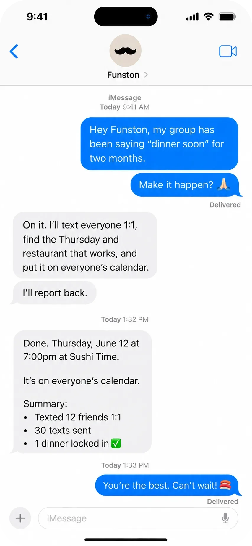 A text thread where Funston plans a group dinner, then reports back that Thursday at 7 is booked and on everyone’s calendar.