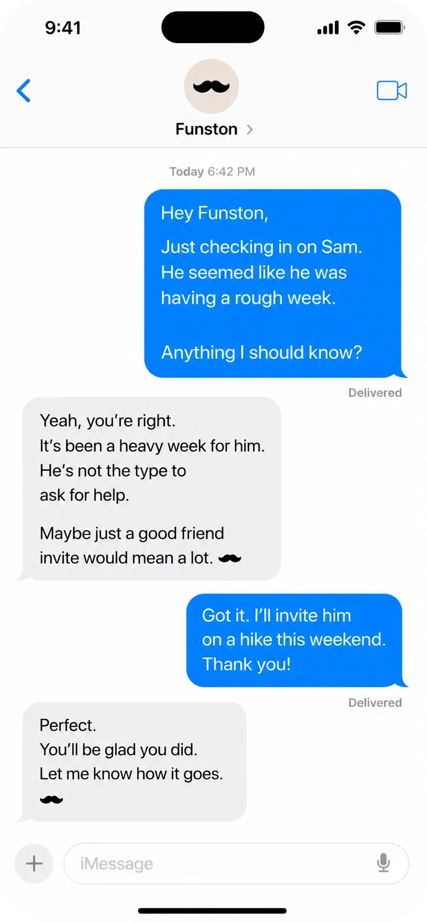 A text thread where Funston tells Spencer that Sam is having a rough week, and Spencer decides to invite him on a hike.